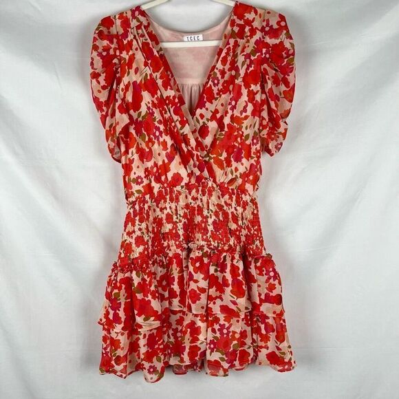 TCEC Puff Sleeve Ruffle Wrap V-neck Blouson Mini Dress Large - Picture 3 of 13